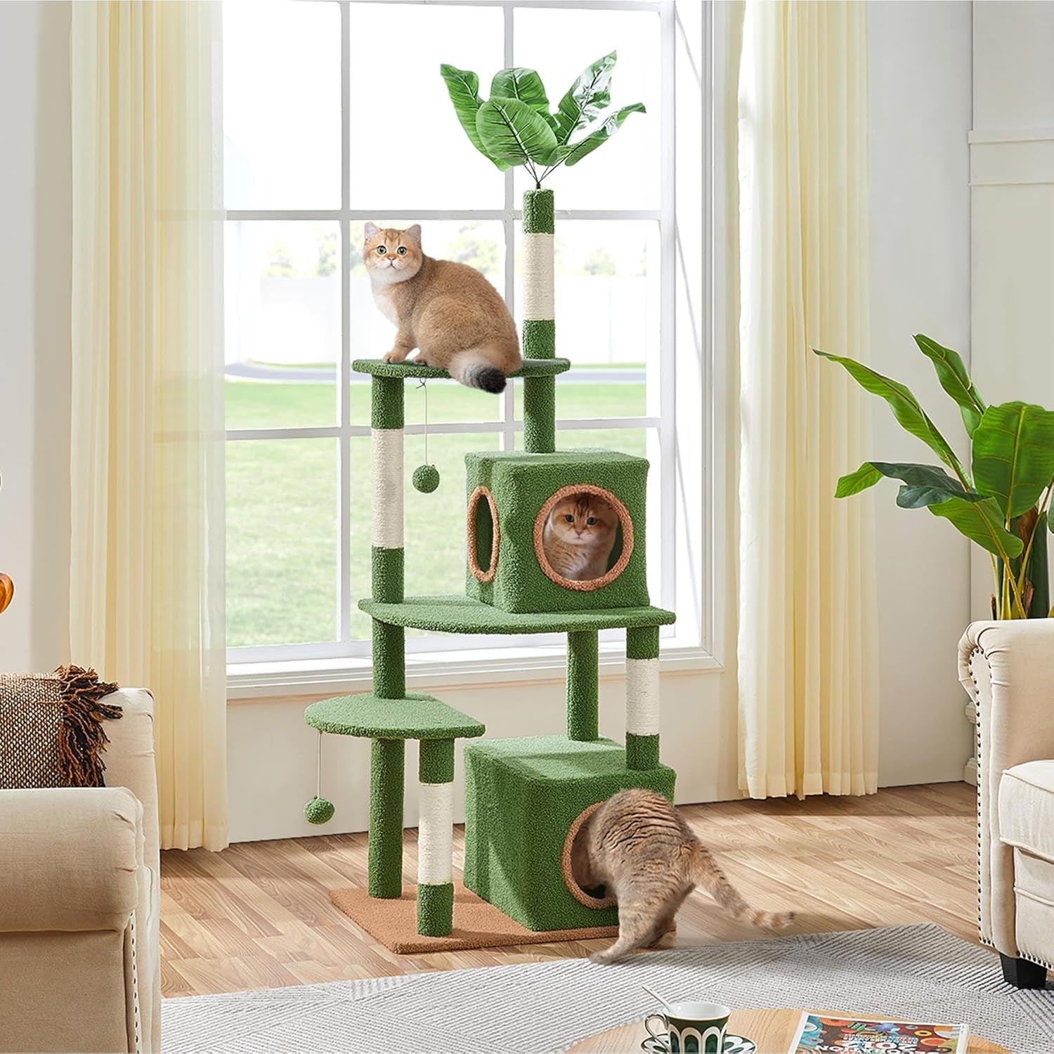 59In Palm Cat Tree, Cute Cat Tower W/Green Palm Frond, Spacious Platform, Double-Level Cat Condo, Scratching Posts, Fluffy Balls for Cat Kitty, Multi-Level Large Cat Tree for Indoor Cats