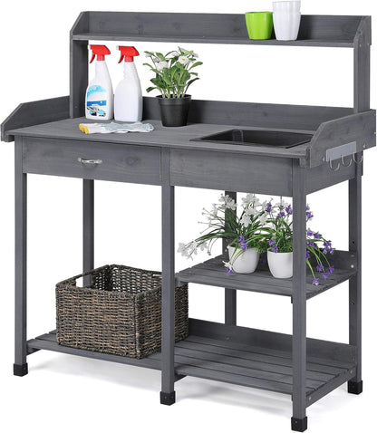 Potting Bench Outdoor Garden Work Bench Station Planting Solid Wood Construction for Horticulture W/Sink Drawer Rack Shelves Natural Wood