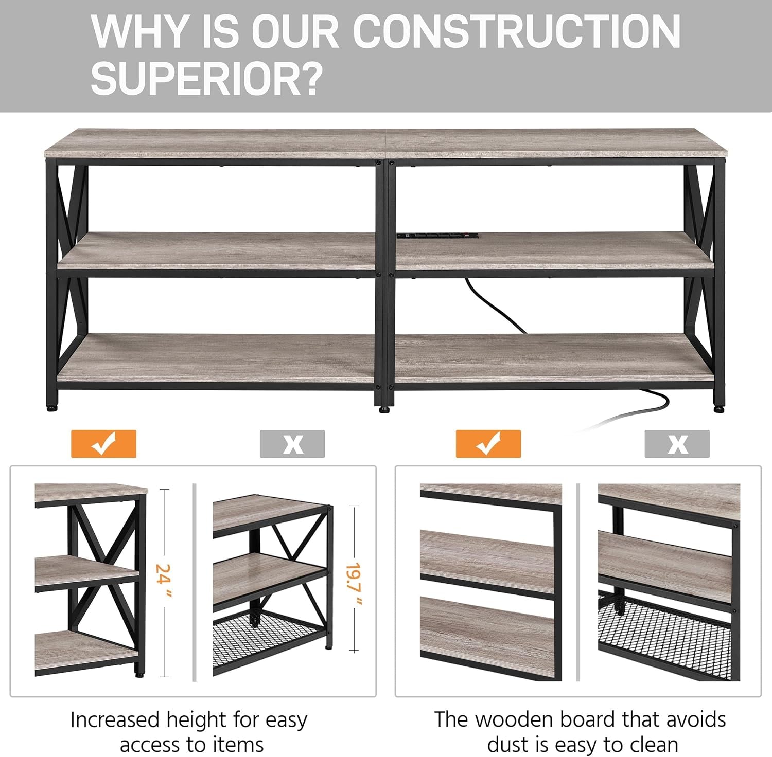 TV Stand with Power Outlet for 70 Inch TV, 3 Tiers TV Storage Cabinet, Entertainment Center with Charging Station for Living Room, Gray