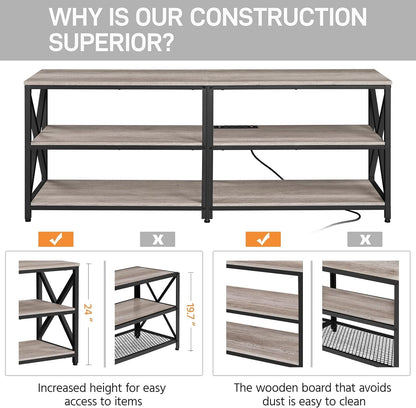 TV Stand with Power Outlet for 70 Inch TV, 3 Tiers TV Storage Cabinet, Entertainment Center with Charging Station for Living Room, Gray