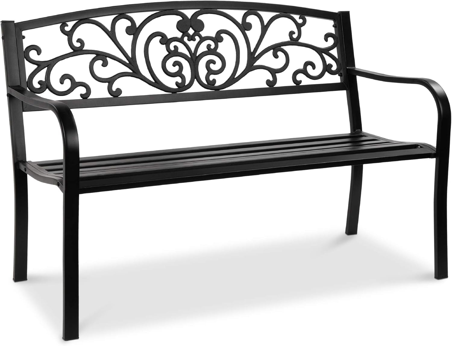 Outdoor Bench Steel Garden Patio Porch Furniture for Lawn, Park, Deck W/Floral Design Backrest, Slatted Seat - Black