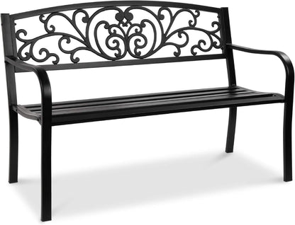 Outdoor Bench Steel Garden Patio Porch Furniture for Lawn, Park, Deck W/Floral Design Backrest, Slatted Seat - Black