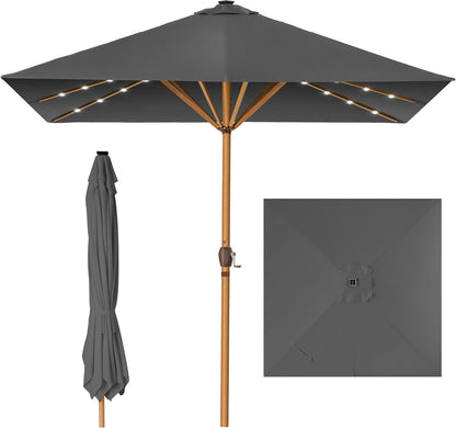 9Ft Deep Square Solar Powered LED Lighted Patio Umbrella W/Faux Wood Texture, Uv-Resistant Fabric, Hand Crank