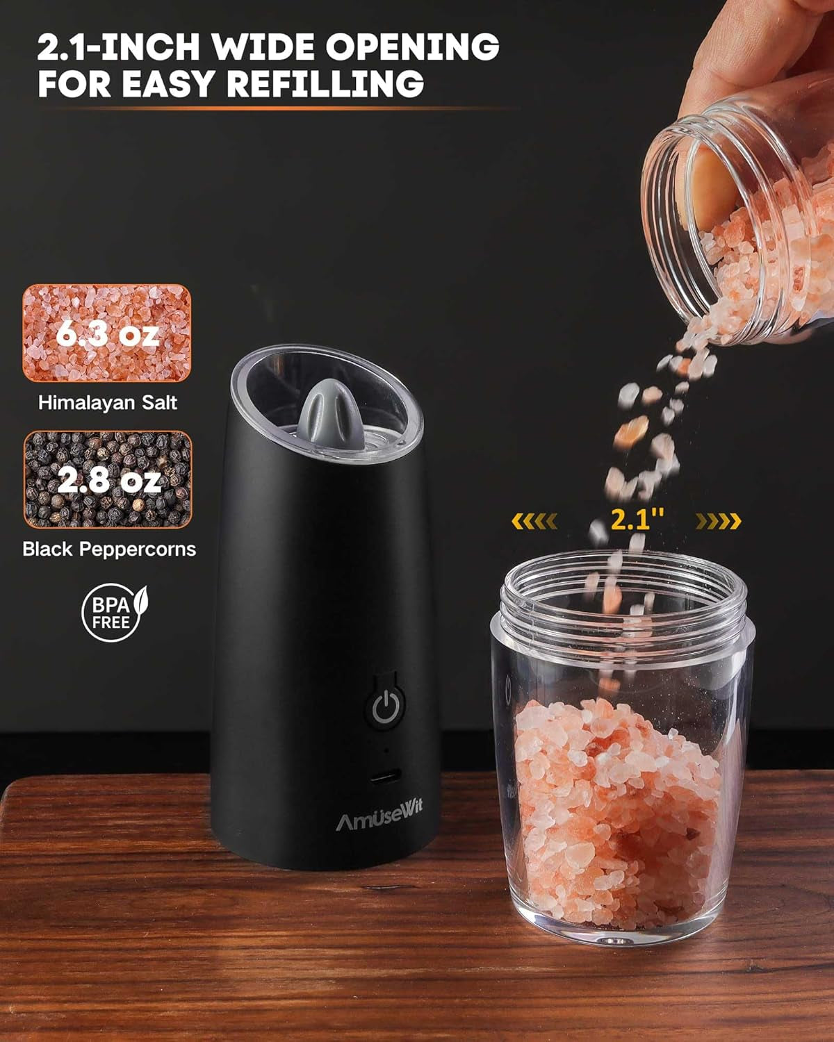 Gravity Electric Salt and Pepper Grinder Set [White Light] USB Rechargeable Automatic Pepper and Salt Mills,Adjustable Coarseness,One-Handed Operation,Matte Black