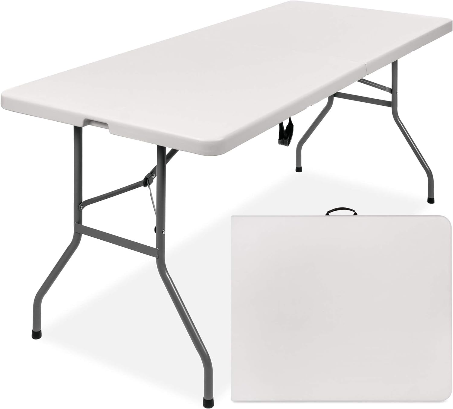 8Ft Plastic Folding Table, Indoor Outdoor Heavy Duty Portable W/Handle, Lock for Picnic, Party, Pong, Camping - White