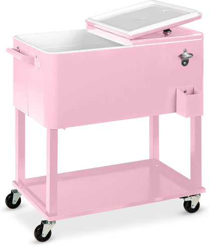 80-Quart Outdoor Steel Rolling Cooler Cart W/Ice Chest, Bottle Opener, Catch Tray, Drain Plug, Locking Wheels