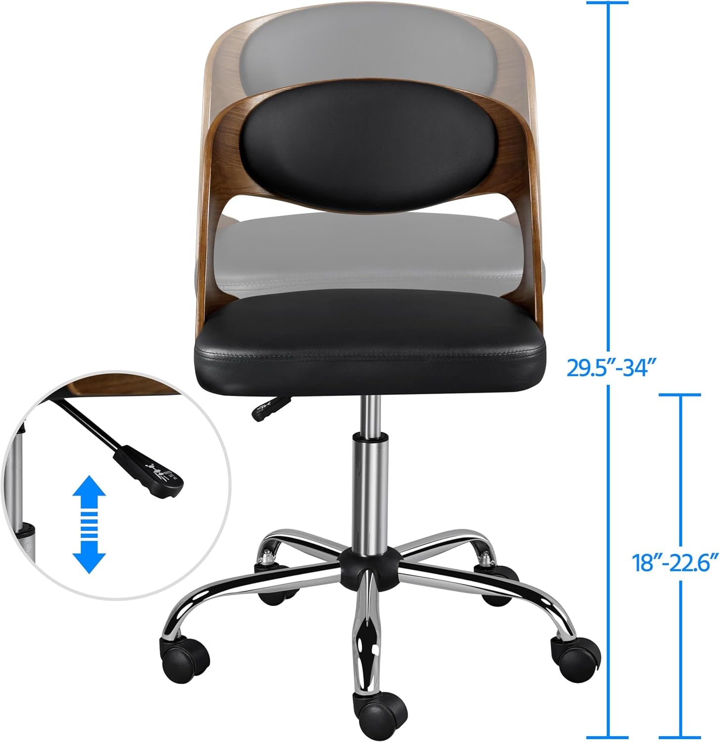 Adjustable Office Chair Armless Desk Chair Walnut Wood Finish Computer Chair Bent Wooden Desk Chair Height Adjustable Swivel Draft Chair with Leather Seat, Black