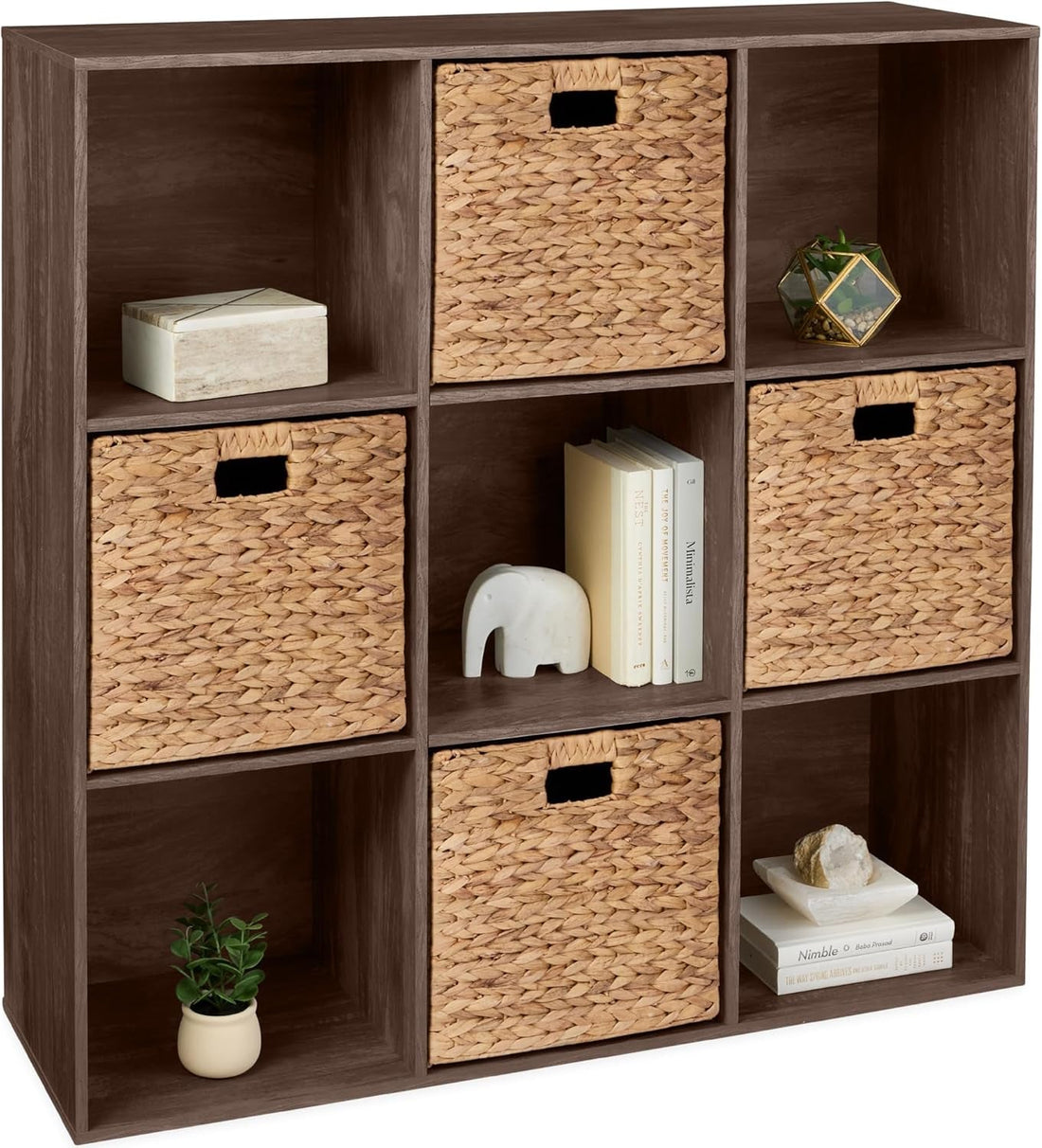 9-Cube Storage Organizer, 13.5In Shelf Opening, Bookcase, Display Shelf, Customizable W/ 3 Removable Back Panels – Walnut