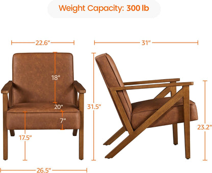 Accent Chair, Armchair with Strong Wood Frame, PU Leather Modern Retro Lounge Chair for Living Room/Lounge/Office/Reception Area, 2 Pieces, Light Brown