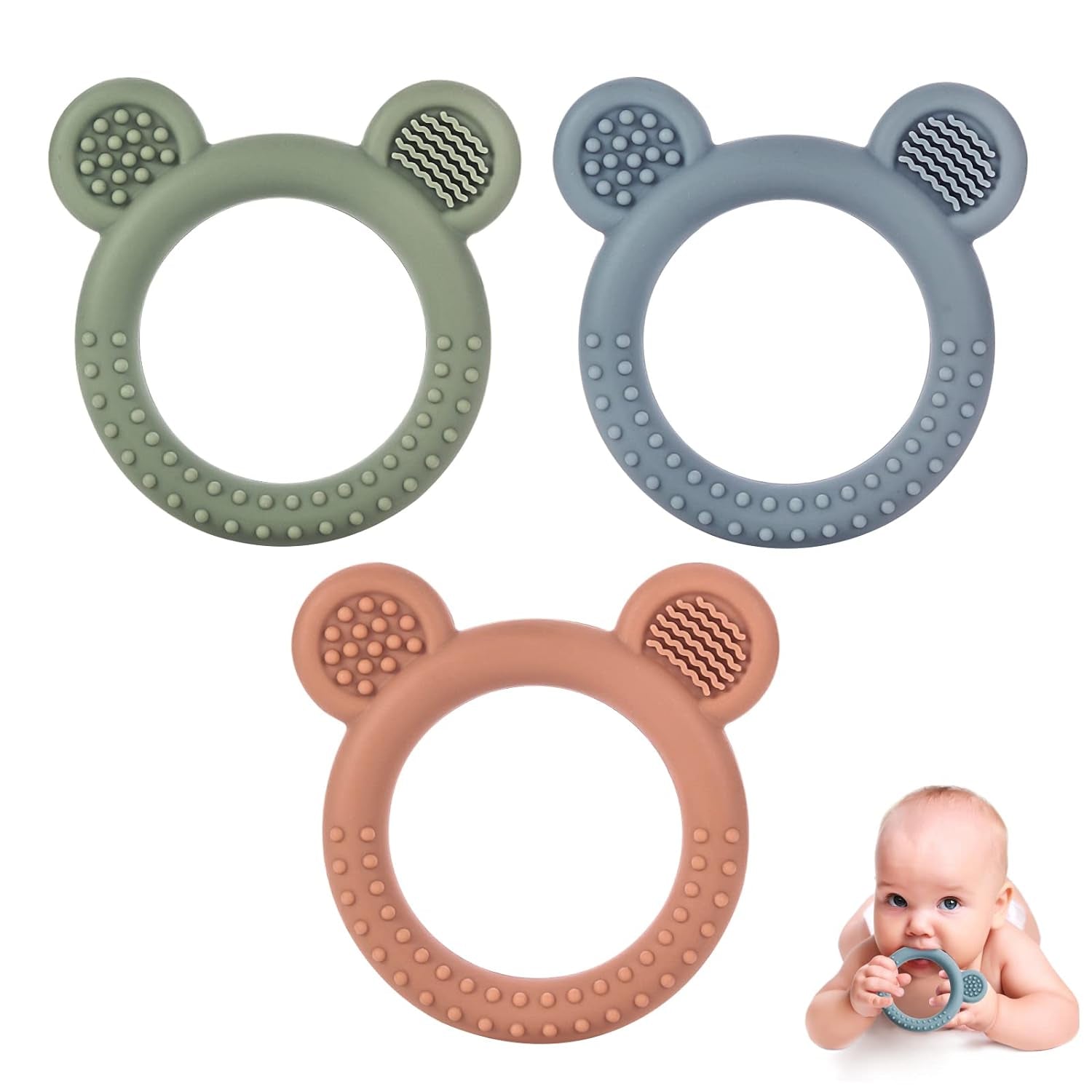 Baby Teething Toys for Babies 0-6 Months Set of 3, Baby Toys 6 to 12 Months, BPA Free Soft and Textured Bear Ring Silicone Teether Relief Soothing Sore Gums Chew Infant Toys