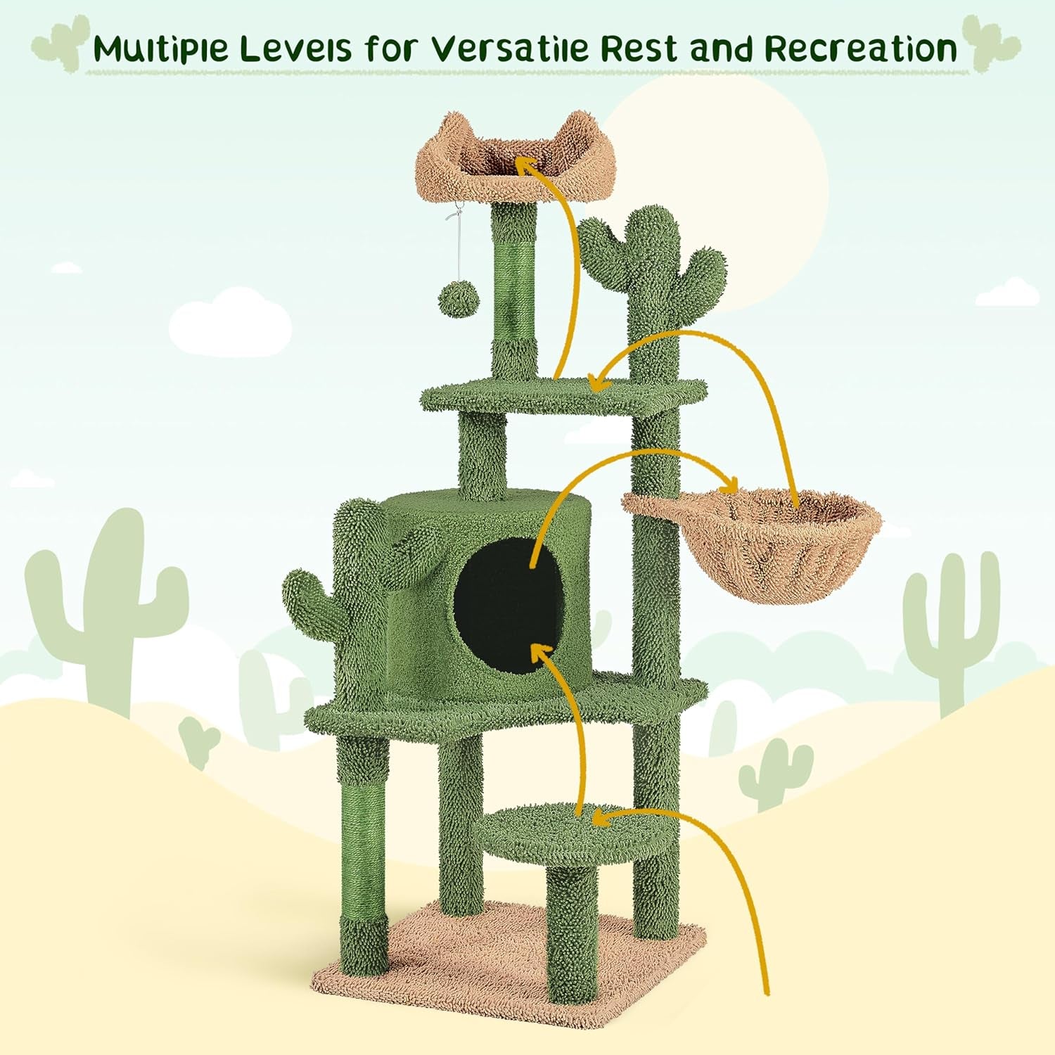 Cactus Cat Tree, 53.5In Cat Tower for Indoor Cats with Sisal Covered Scratching Post, Condo, Plush Perches and Fluffy Balls, Multi-Level Cat Climbing Tree Play House Activity Center, Green