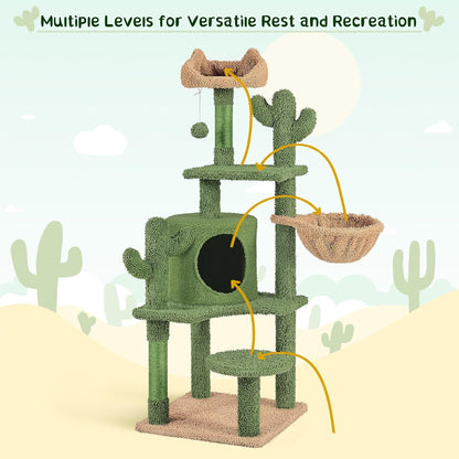 Cactus Cat Tree, 53.5In Cat Tower for Indoor Cats with Sisal Covered Scratching Post, Condo, Plush Perches and Fluffy Balls, Multi-Level Cat Climbing Tree Play House Activity Center, Green