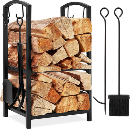 5-Piece Indoor Outdoor Wrought Iron Firewood Log Storage Rack Holder Firepit Tools Set for Fireplace, Fire Pit, Stove W/Hook, Broom, Shovel, Tongs - Copper