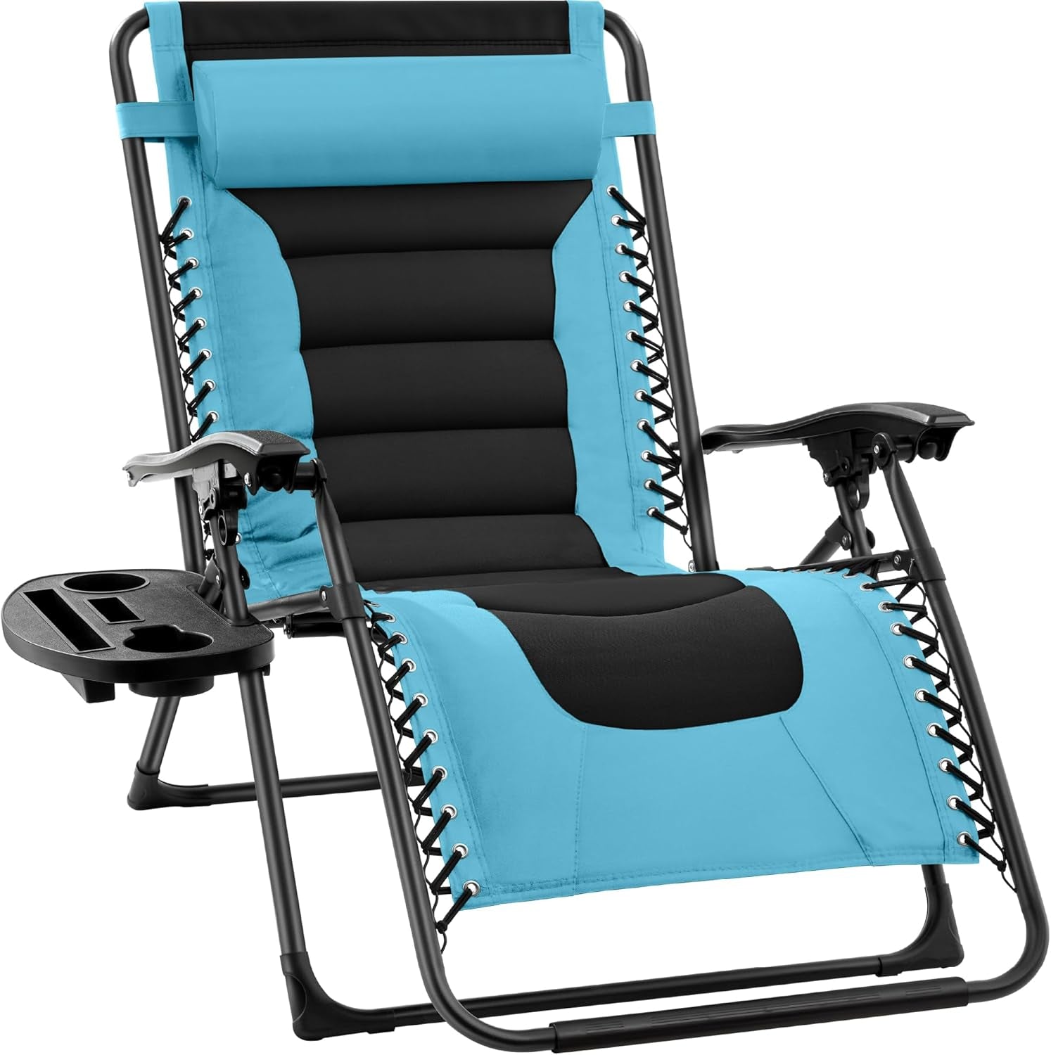 Oversized Padded Zero Gravity Chair, Folding Outdoor Patio Recliner, XL anti Gravity Lounger for Backyard W/Headrest, Cup Holder, Side Tray, Polyester Mesh - Black/Gray