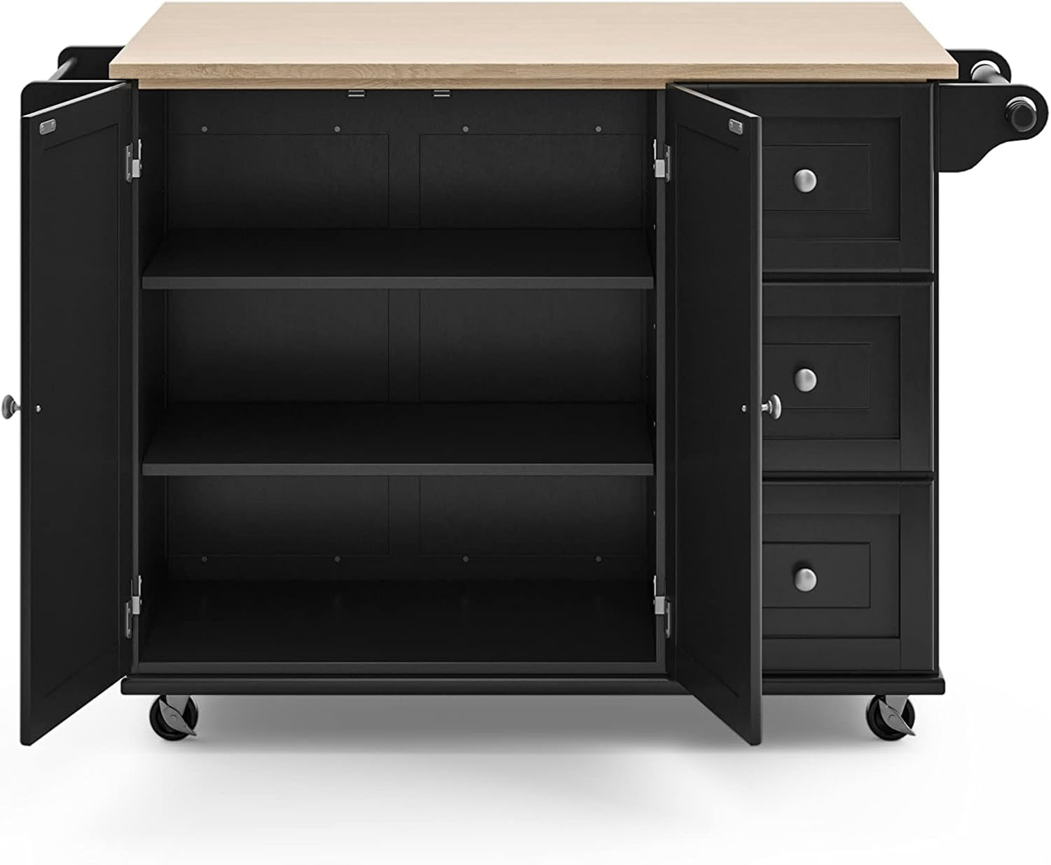 Dolly Madison Kitchen Cart with Wood Top and Drop Leaf Breakfast Bar, Rolling Mobile Kitchen Island with Storage and Towel Rack, 54 Inch Width, Black