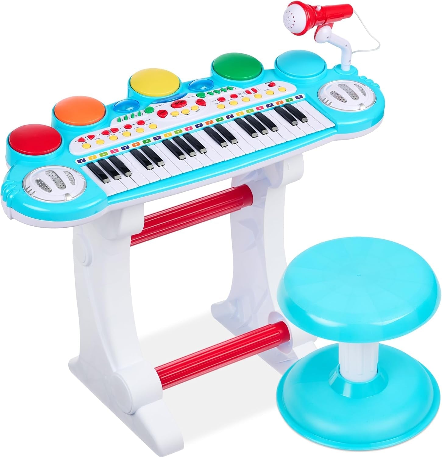 37-Key Kids Electronic Musical Instrument Piano Learning Toy Keyboard W/Multiple Sounds, Lights, Microphone, Stool - Blue