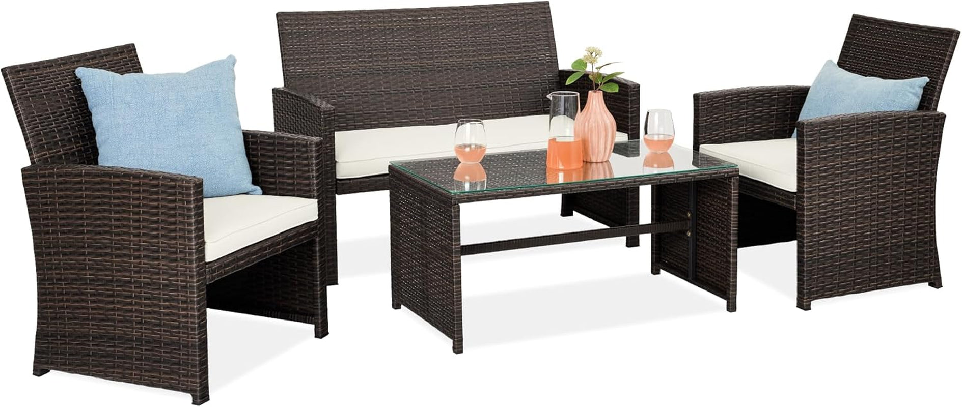 4-Piece Outdoor Wicker Patio Conversation Furniture Set for Backyard W/Coffee Table, Seat Cushions - Gray/Navy