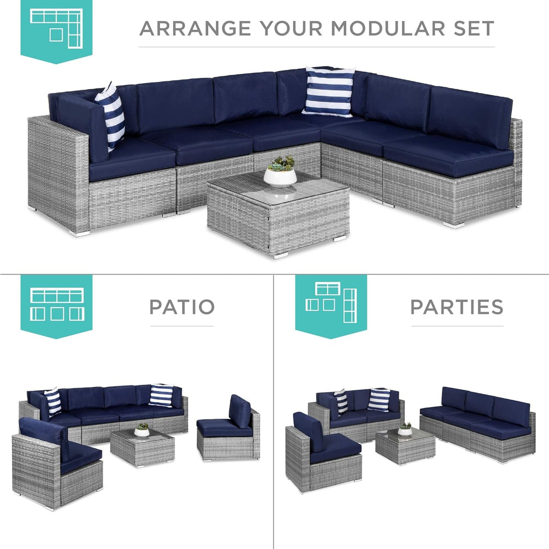 7-Piece Modular Outdoor Sectional Wicker Patio Conversation Set W/ 2 Pillows, Coffee Table, Cover Included - Gray/Navy