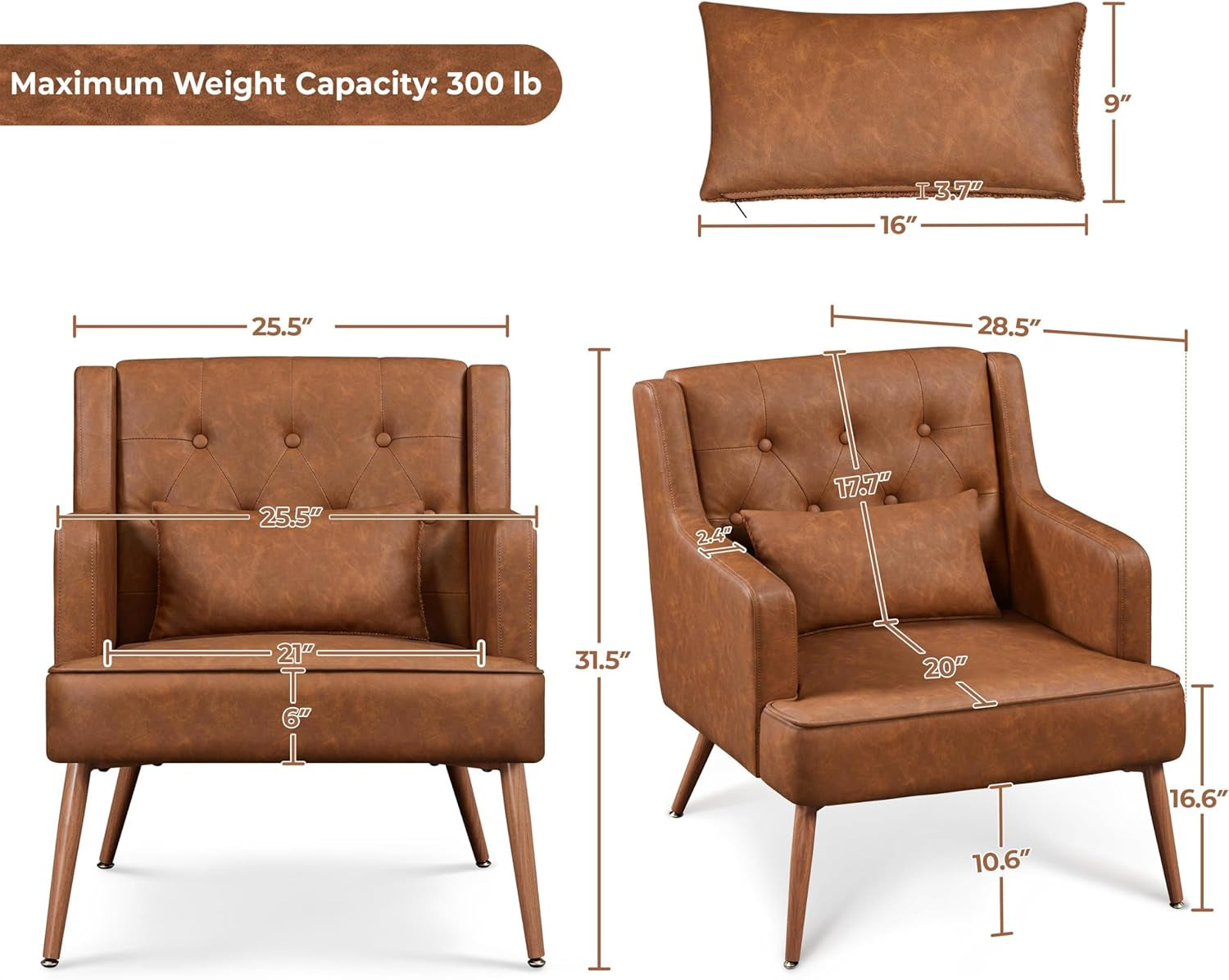 Accent Chair, Living Room Chair Mid Century PU Leather Armchair Lumbar Pillow, Comfy Upholstered Reading Chair Wood Leg Bedroom Brown 2PCS