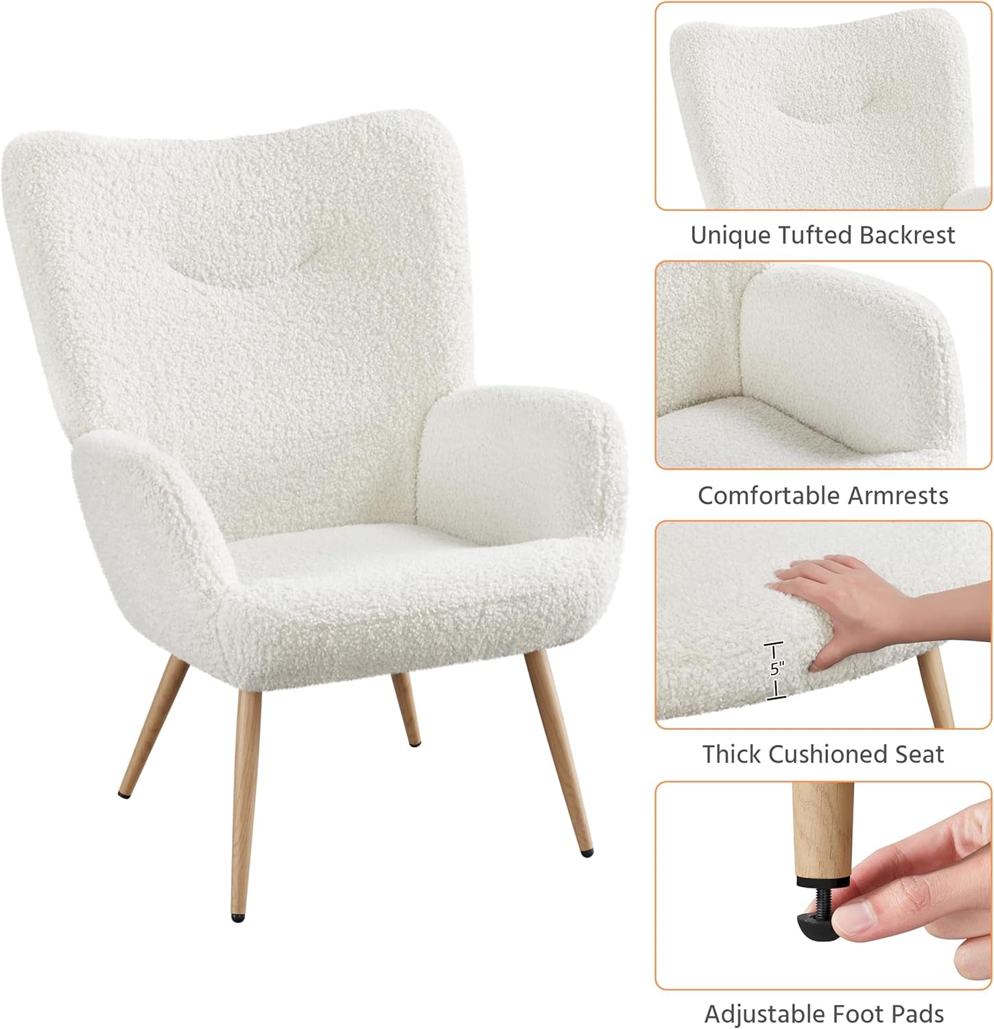 Barrel Chair, Teddy Fabric Casual Chair with High Back and Soft Padded, Modern Fuzzy Vanity Chair, Cozy Armchair for Living Room Bedroom Makeup Room, White