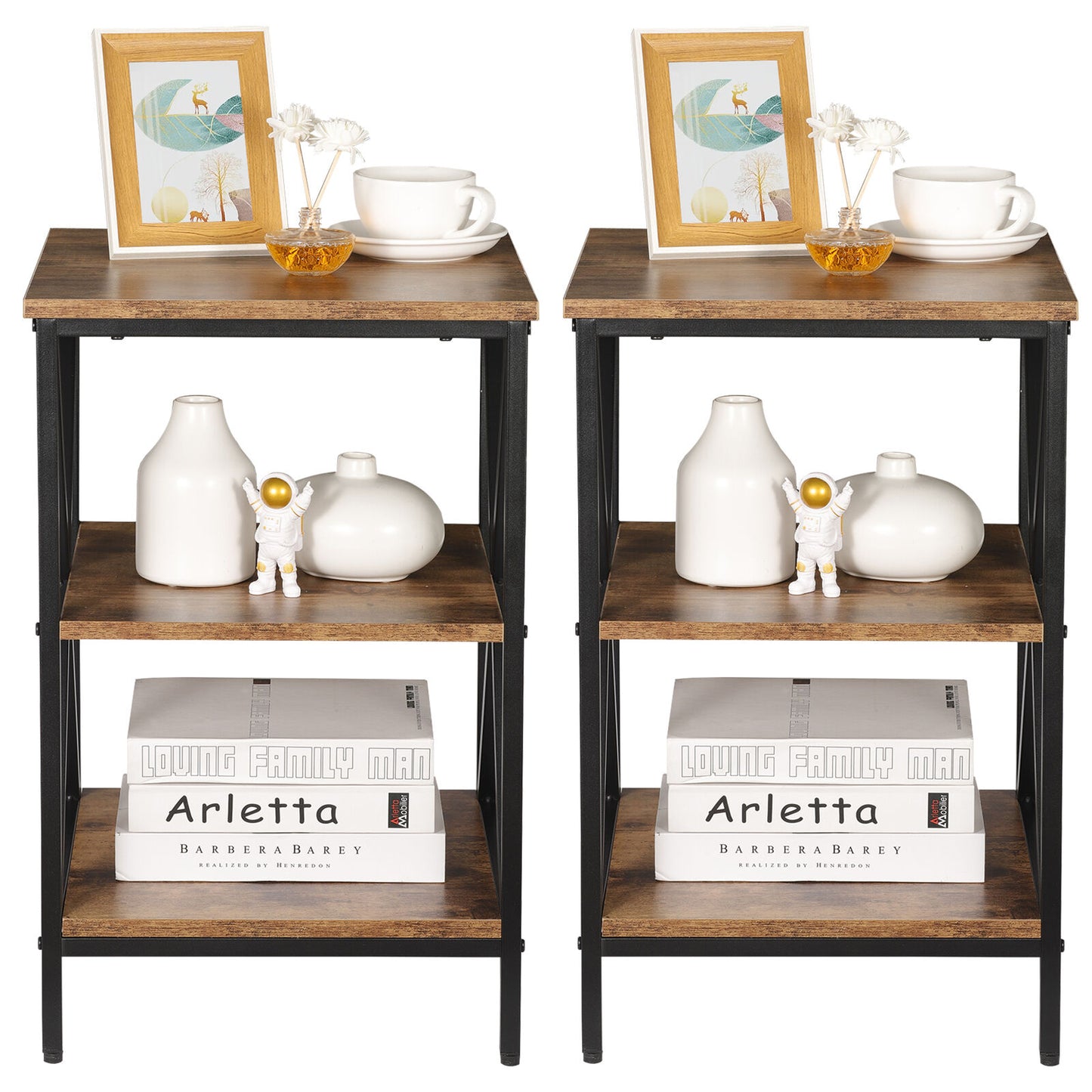 Set of 2 3-Tier Side Table X Design End Table Metal Frame Storage Shelves Brown