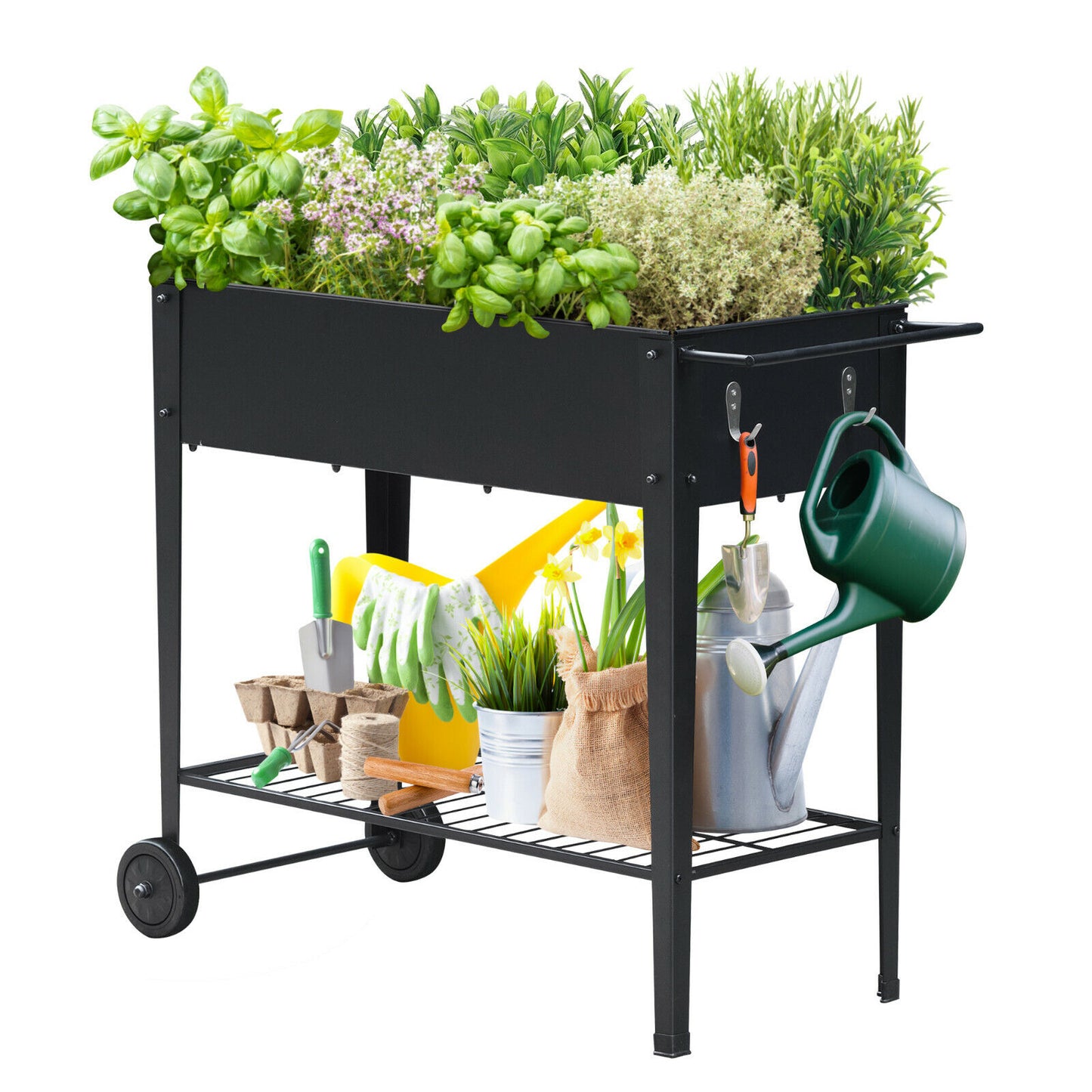Outdoor Rolling Planter Storage Box Metal Frame with Extra Mesh Tires Black