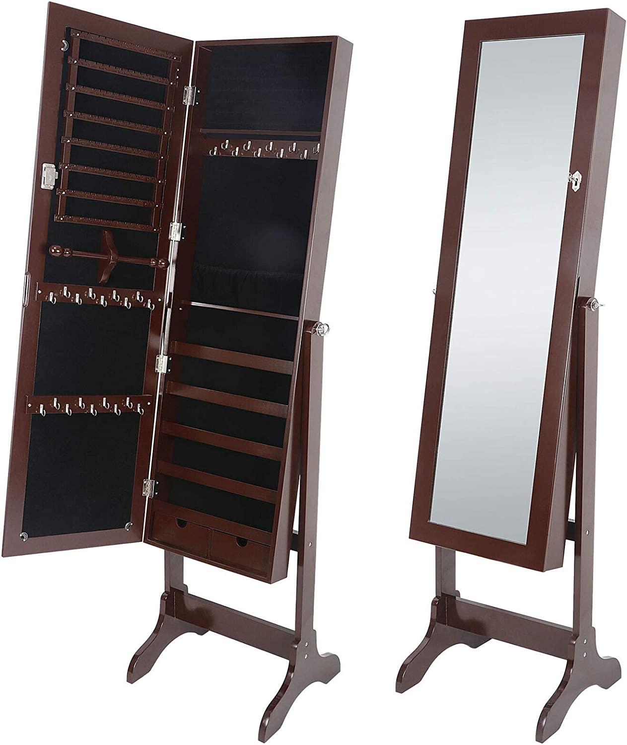 Jewelry Armoire Cabinet with Mirror Floor Standing Lockable Jewelry Storage Organizer with 2 Drawers 4 Adjustable Angles