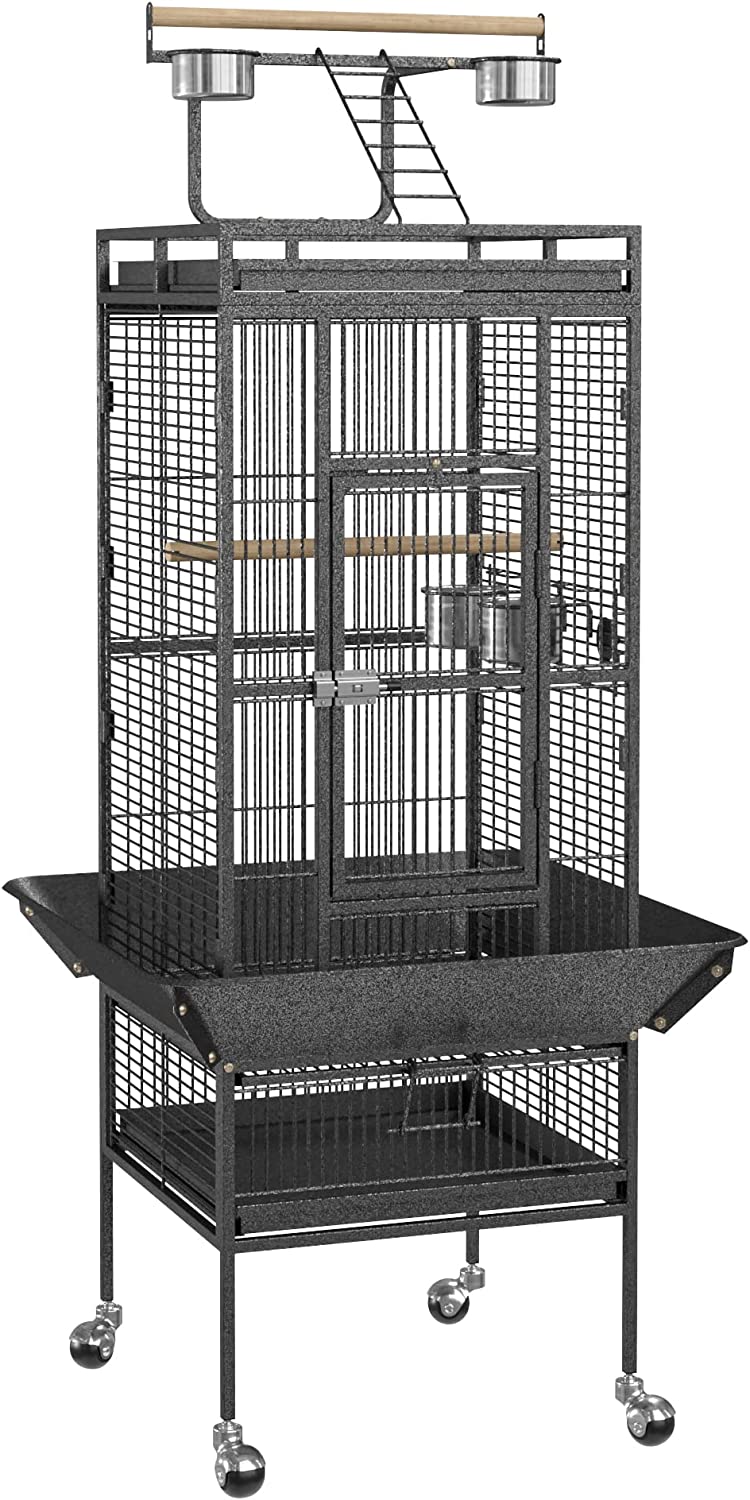 61-inch Playtop Parrot Bird Cage, Wrought Iron Birdcage with Rolling Stand for Medium Pet Bird Like Cockatiels Quaker Conure Parakeet Lovebird Finch, Black
